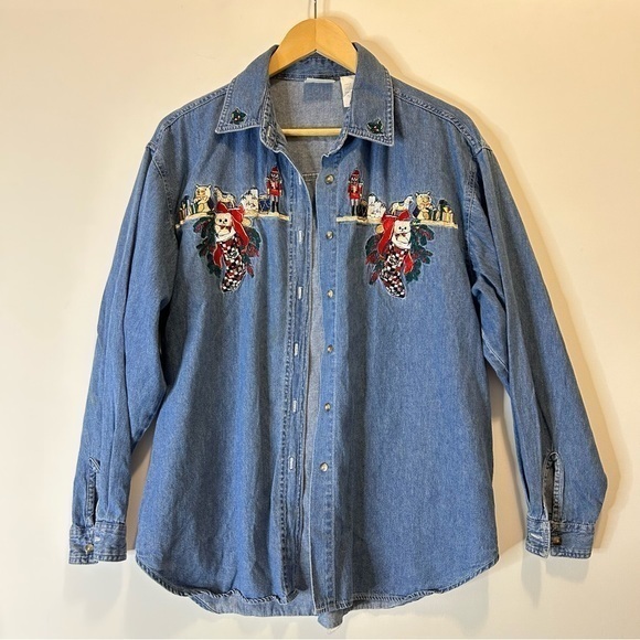 Vintage Tops - Vintage Shirt Adult Extra Large Blue Chambray Embroidery Cat Christmas Women